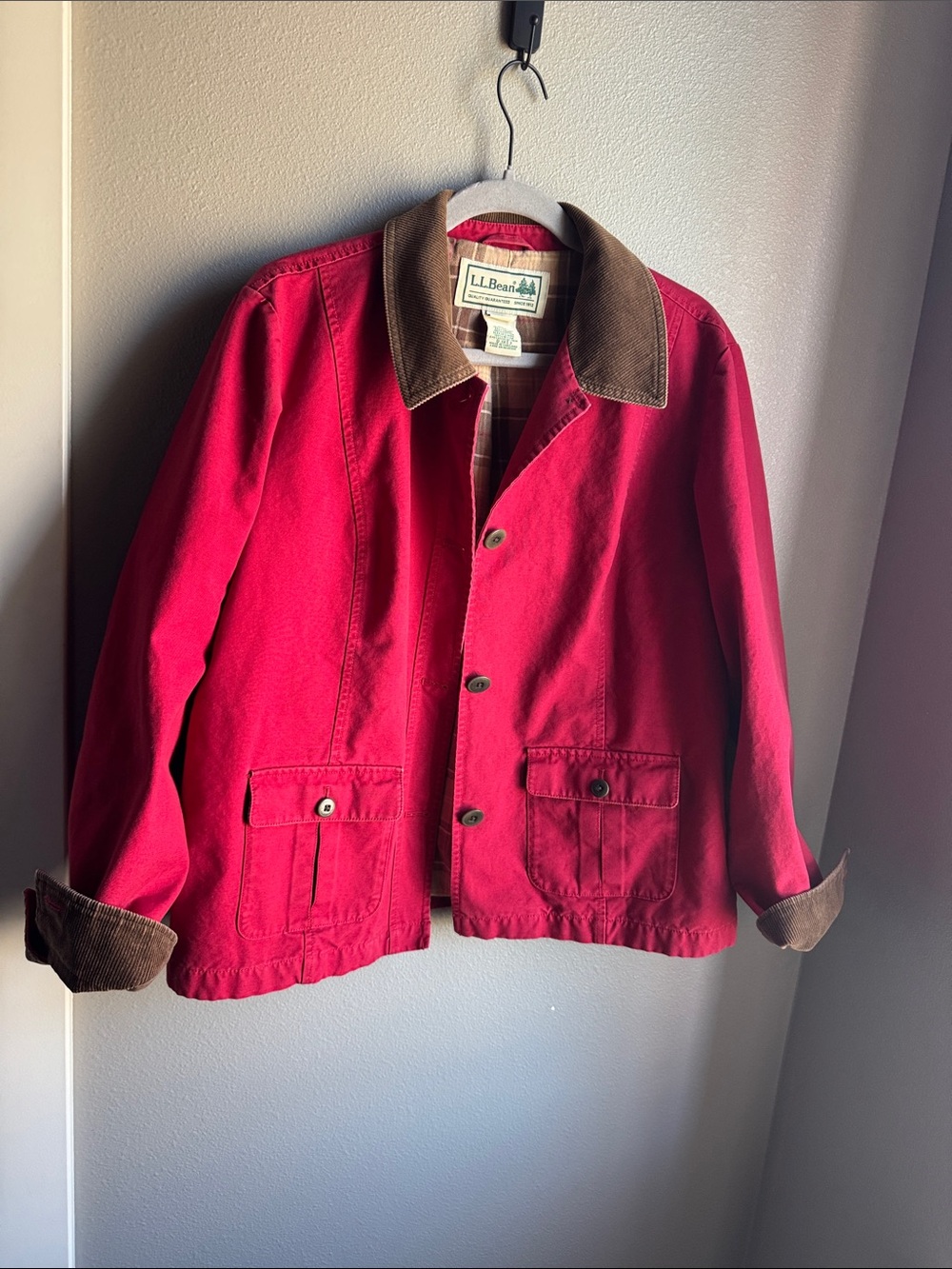 L.L. Bean Women's  Red Barn Jacket with Brown Corduroy Collar, Size LP. - Picture 6 of 9